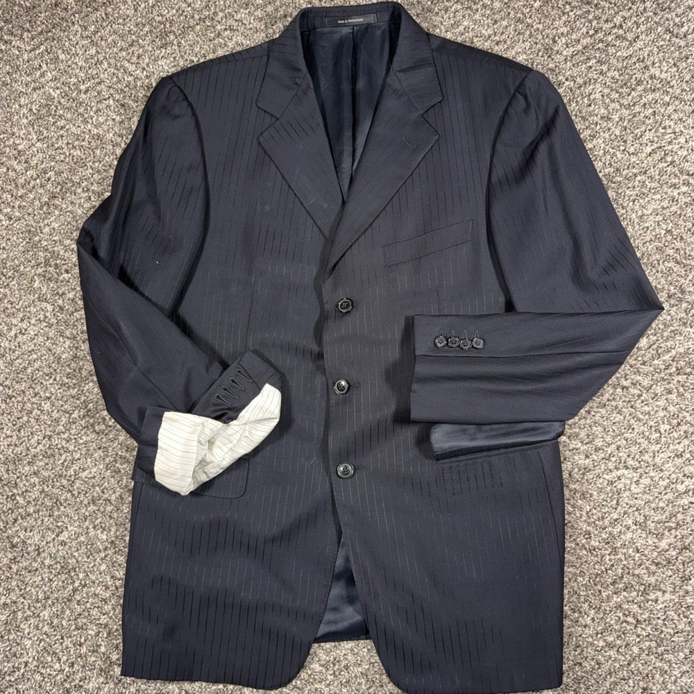 Ermenegildo Zegna 42R Saks Navy Pinstripe Wool‎ Cashmere Mohair Blazer